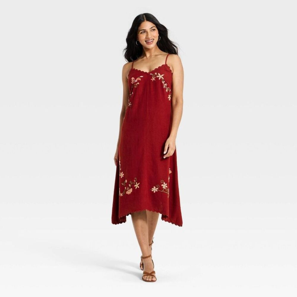 Women's Linen Embroidered Midi High Low Dress - Universal Thread Red XS